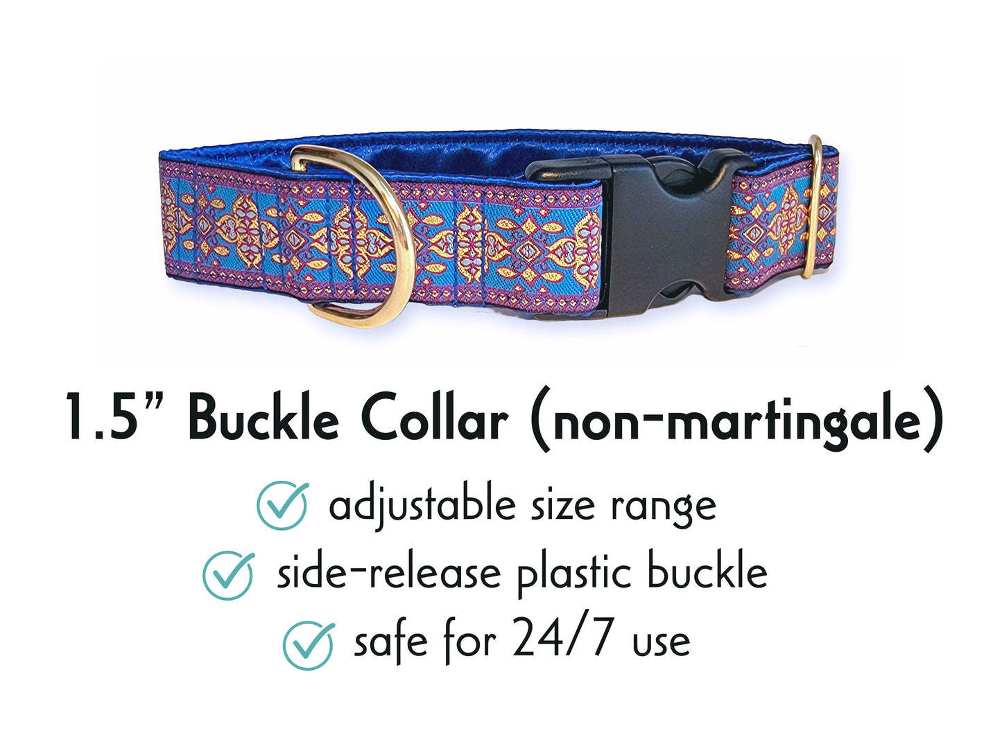 1.5 Inch Wide Blue, Pink, Gold Cashel Buckle Dog Collar by The Hound Haberdashery