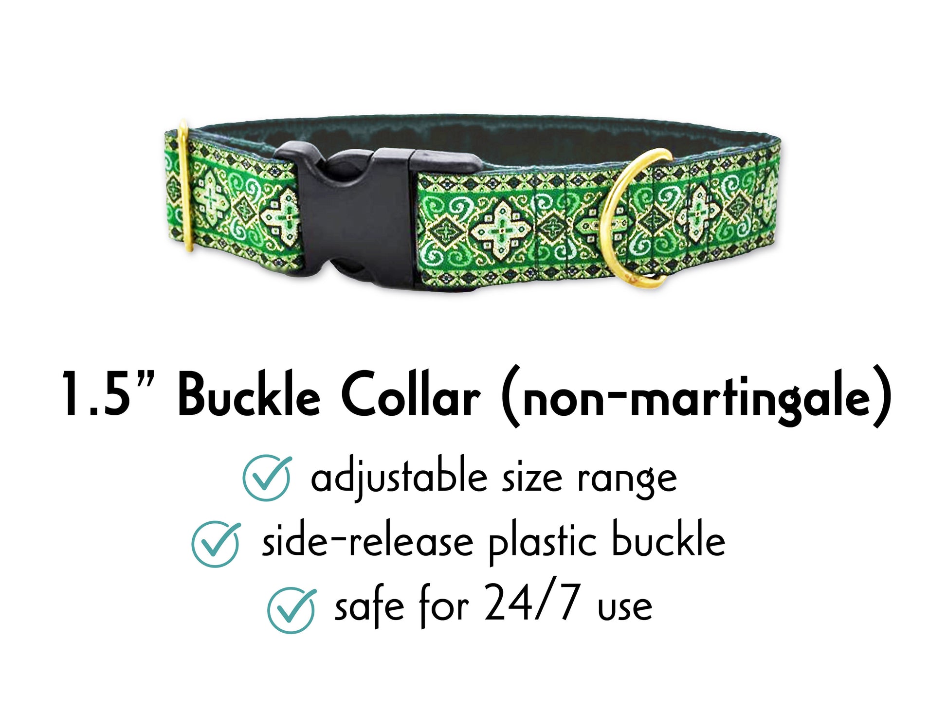 1.5 Inch Wide Green, Gold Nobility Buckle Dog Collar by The Hound Haberdashery