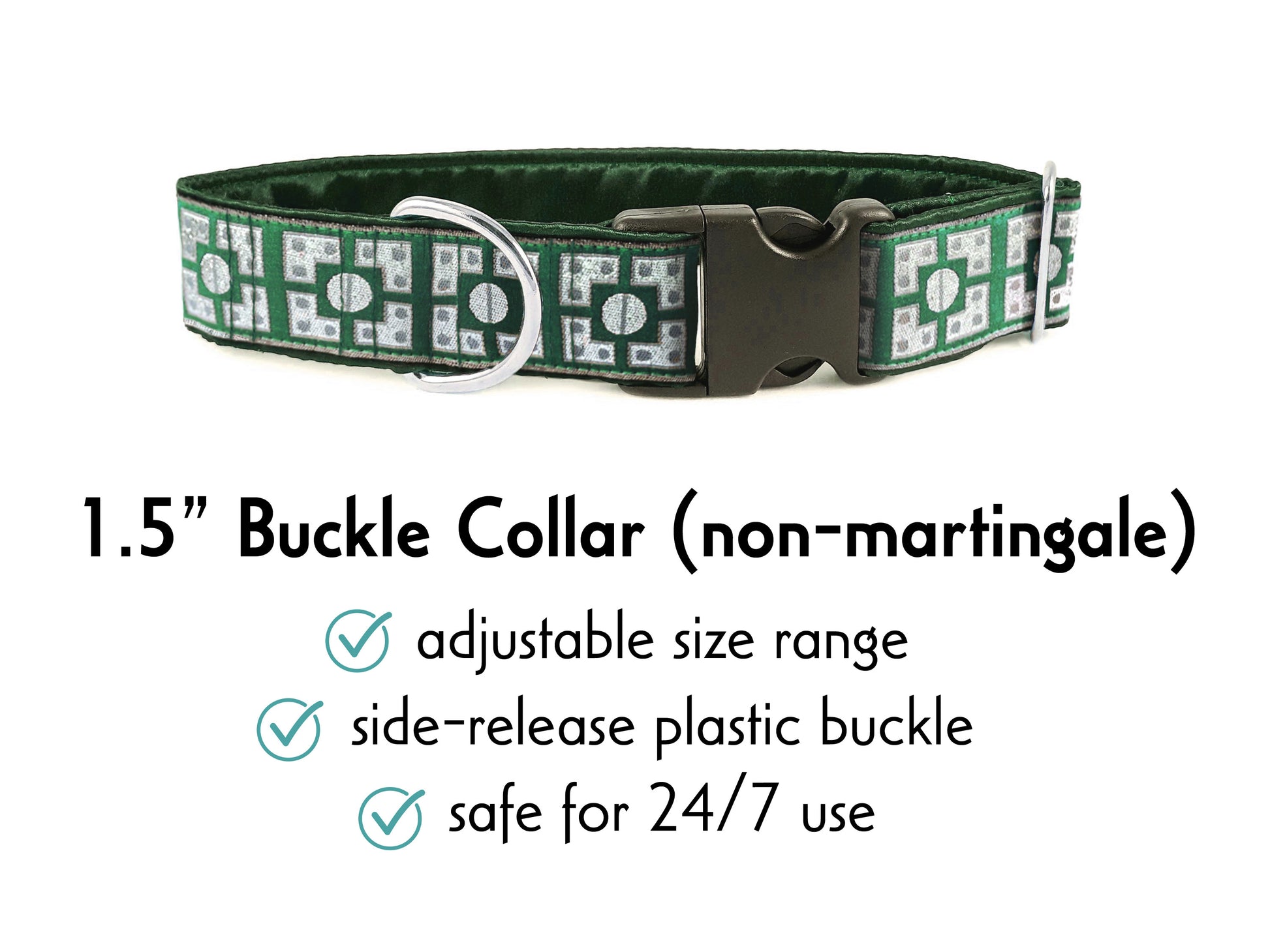 1.5 Inch Wide Green, Silver Riveted Buckle Dog Collar by The Hound Haberdashery