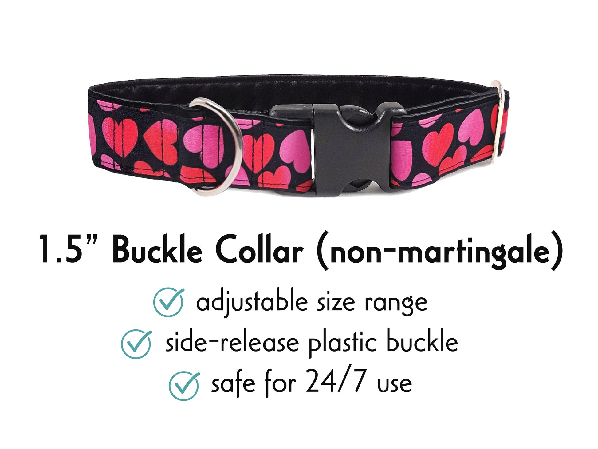 1.5 Inch Wide Pink, Black Valentines Hearts Buckle Dog Collar by The Hound Haberdashery