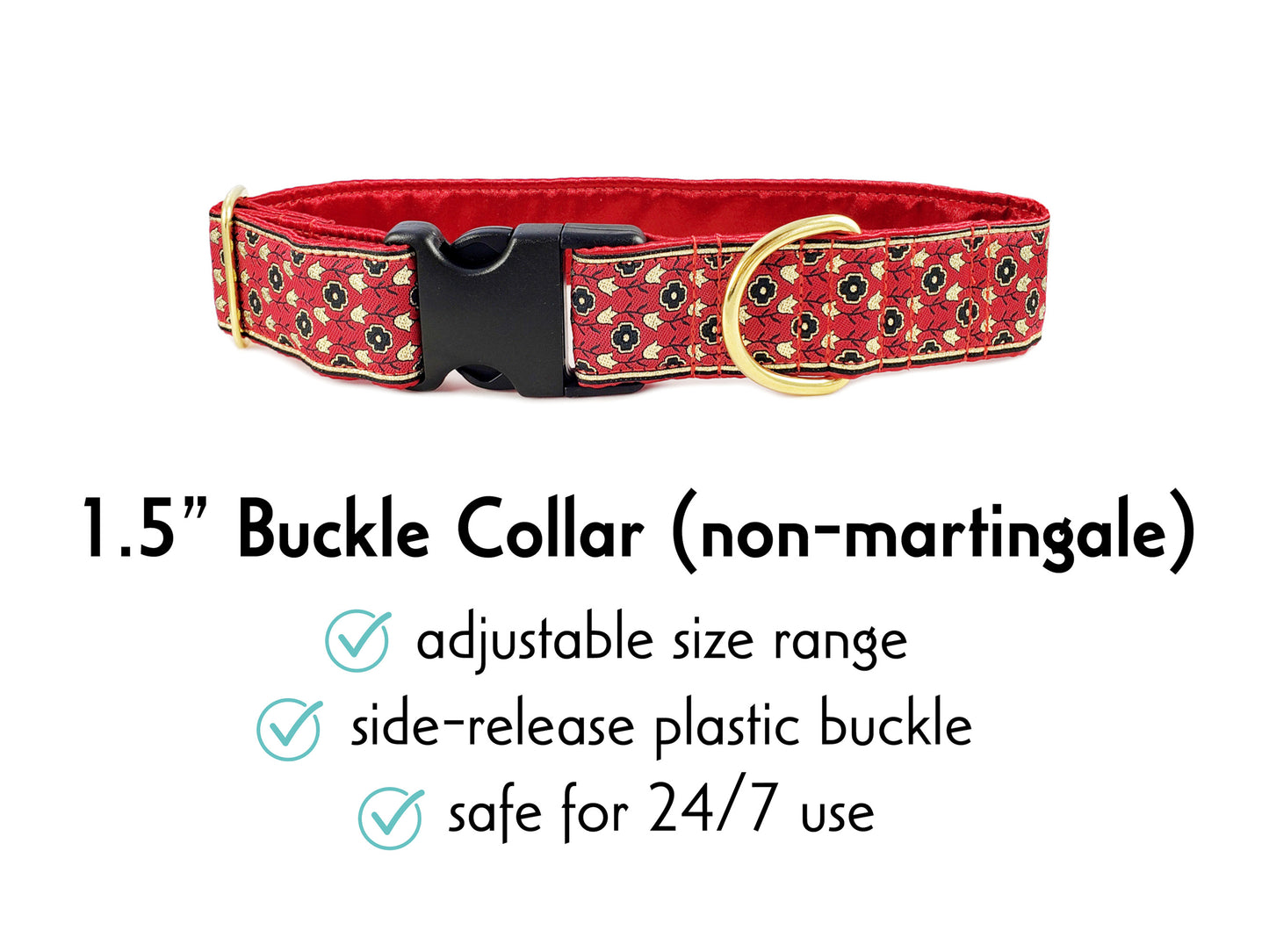 1.5 Inch Wide Red Stratford Buckle Dog Collar by The Hound Haberdashery