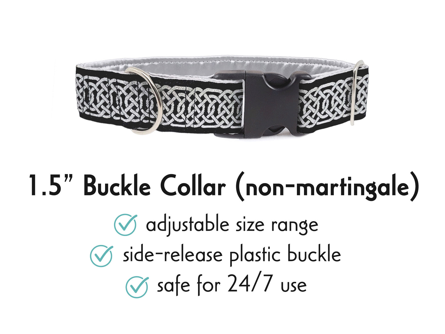 1.5 Inch Wide Black & Metallic Silver Wexford Celtic Braid Buckle Dog Collar by The Hound Haberdashery