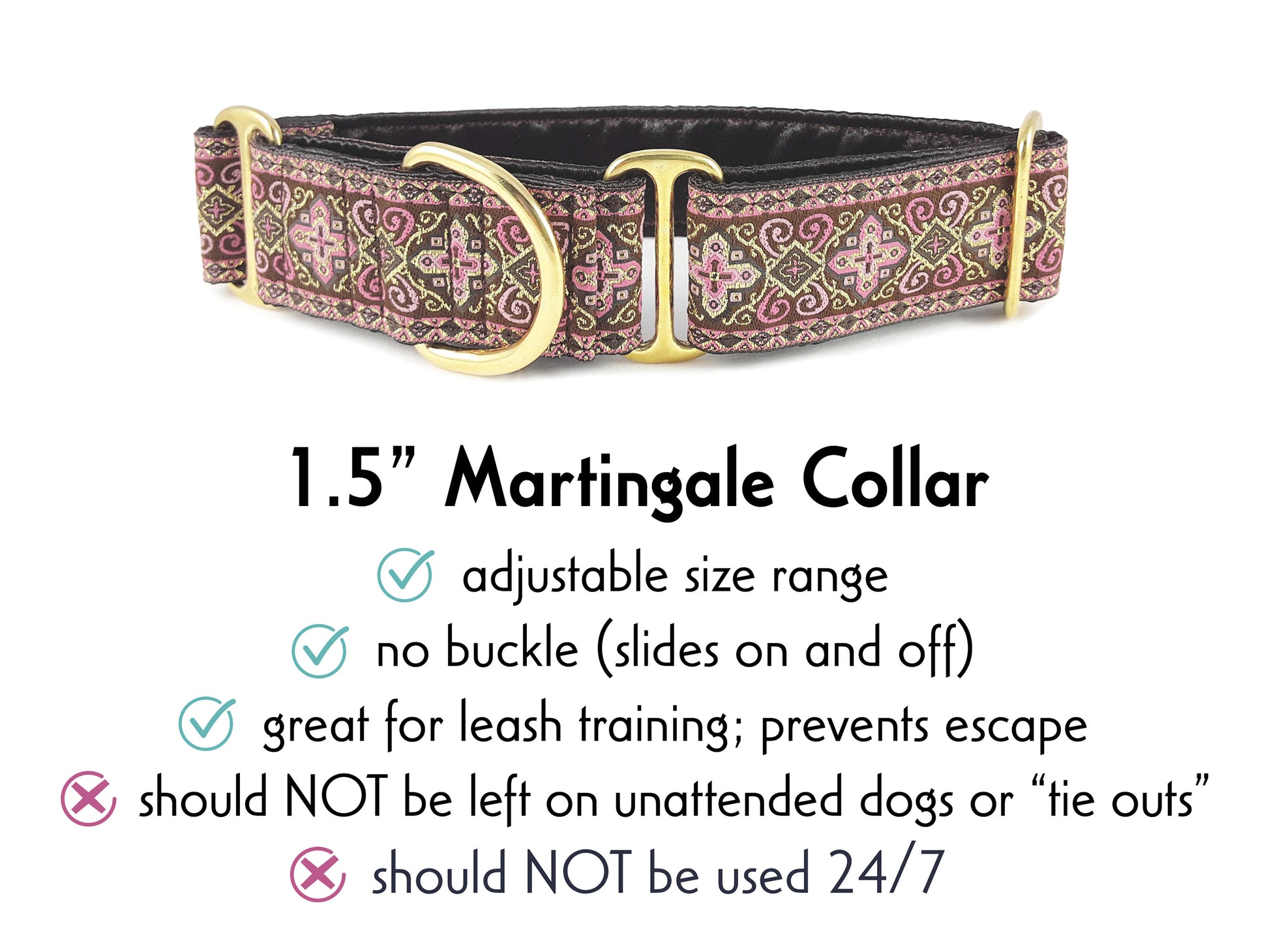 1.5 Inch Wide Brown, Pink Nobility Martingale Dog Collar by The Hound Haberdashery