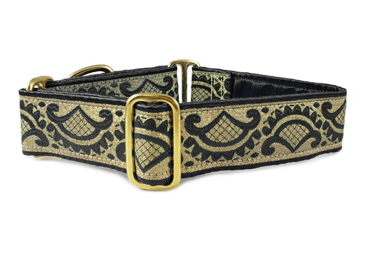 1.5 Inch Wide Black, Gold Tivoli Dog Collar by The Hound Haberdashery