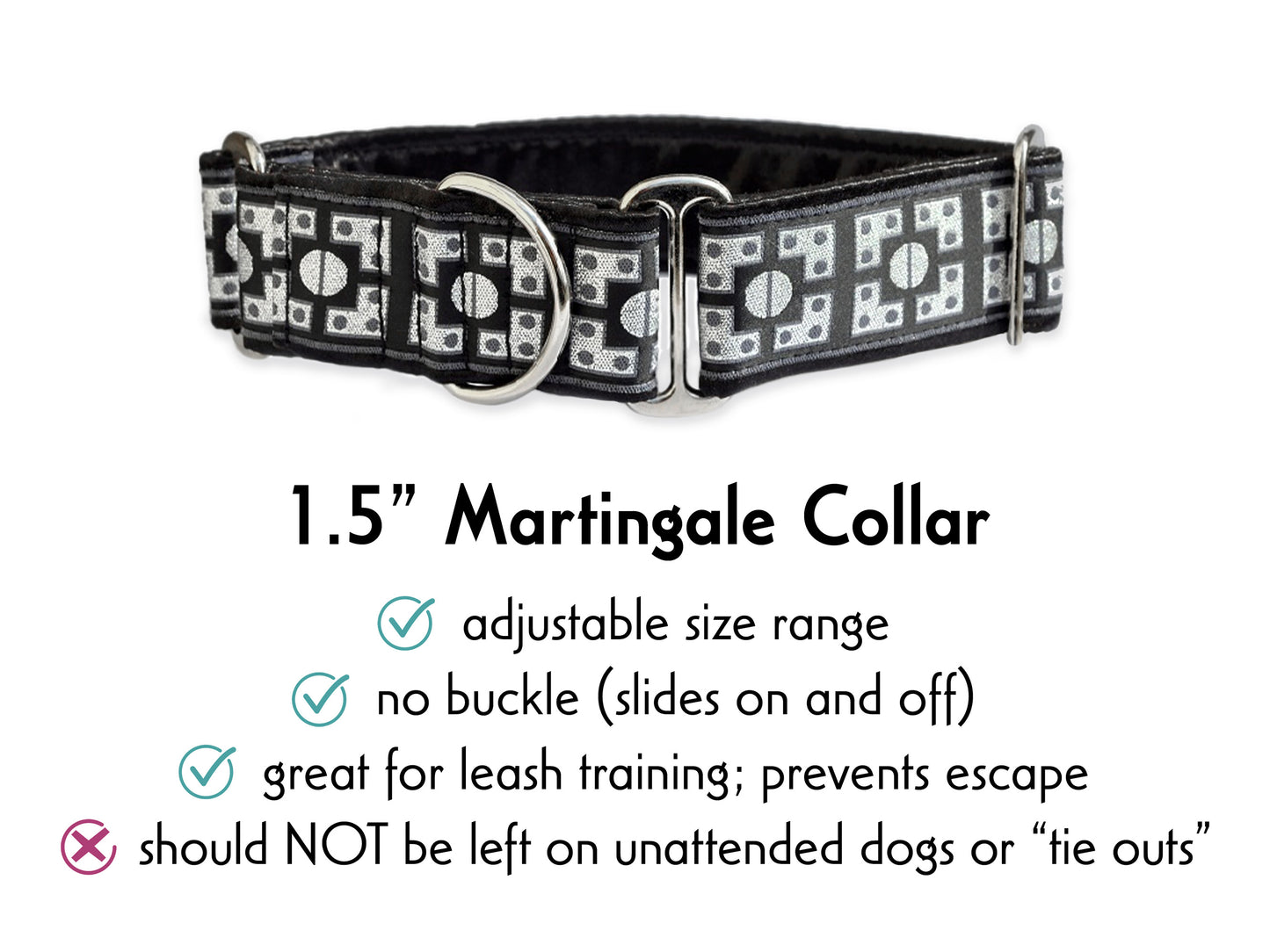 1.5 Inch Wide Black, Silver Riveted Martingale Dog Collar by The Hound Haberdashery