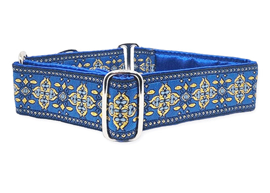 1.5 Inch Wide Blue, Gold Cashel Dog Collar by The Hound Haberdashery