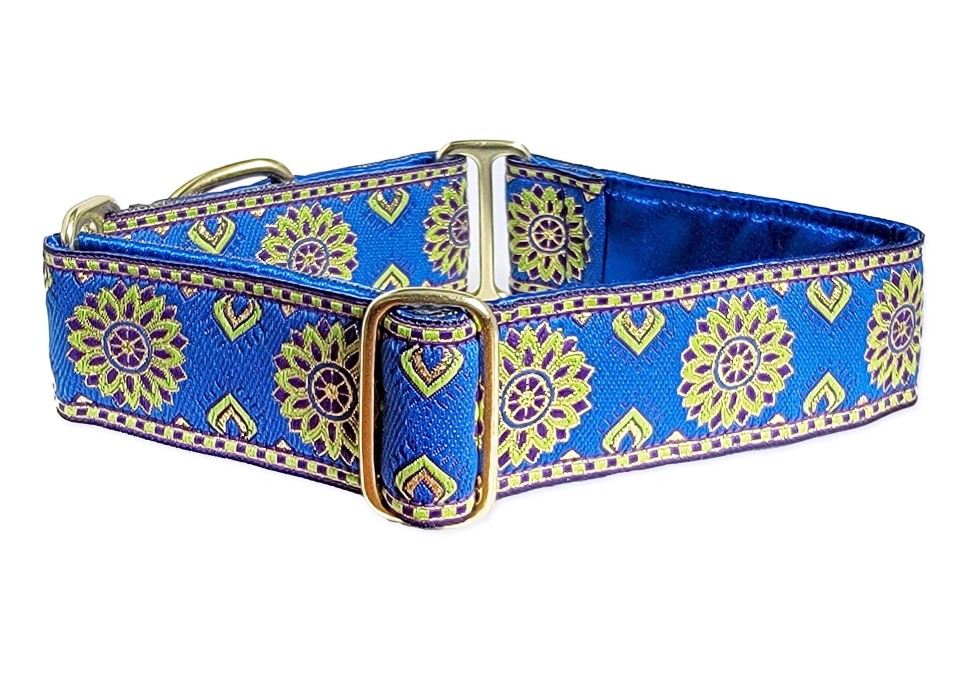 1.5 Inch Wide Blue, Chartreuse Sunburst Dog Collar by The Hound Haberdashery