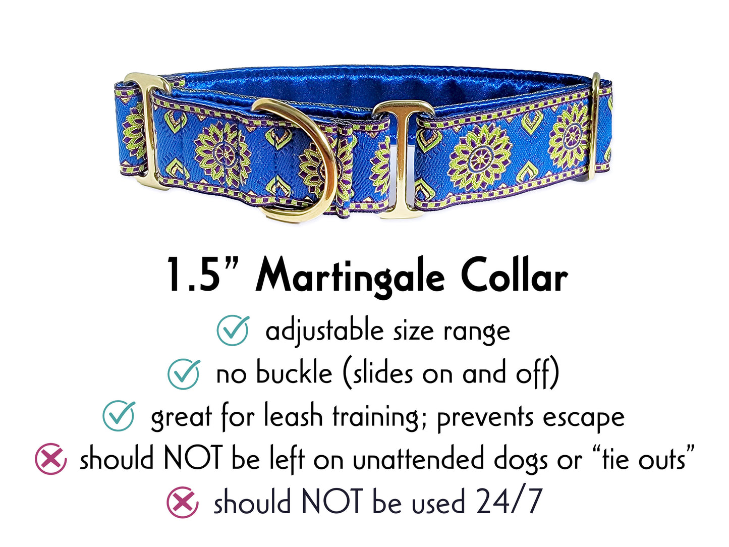 1.5 Inch Wide Blue, Chartreuse Sunburst Martingale Dog Collar by The Hound Haberdashery