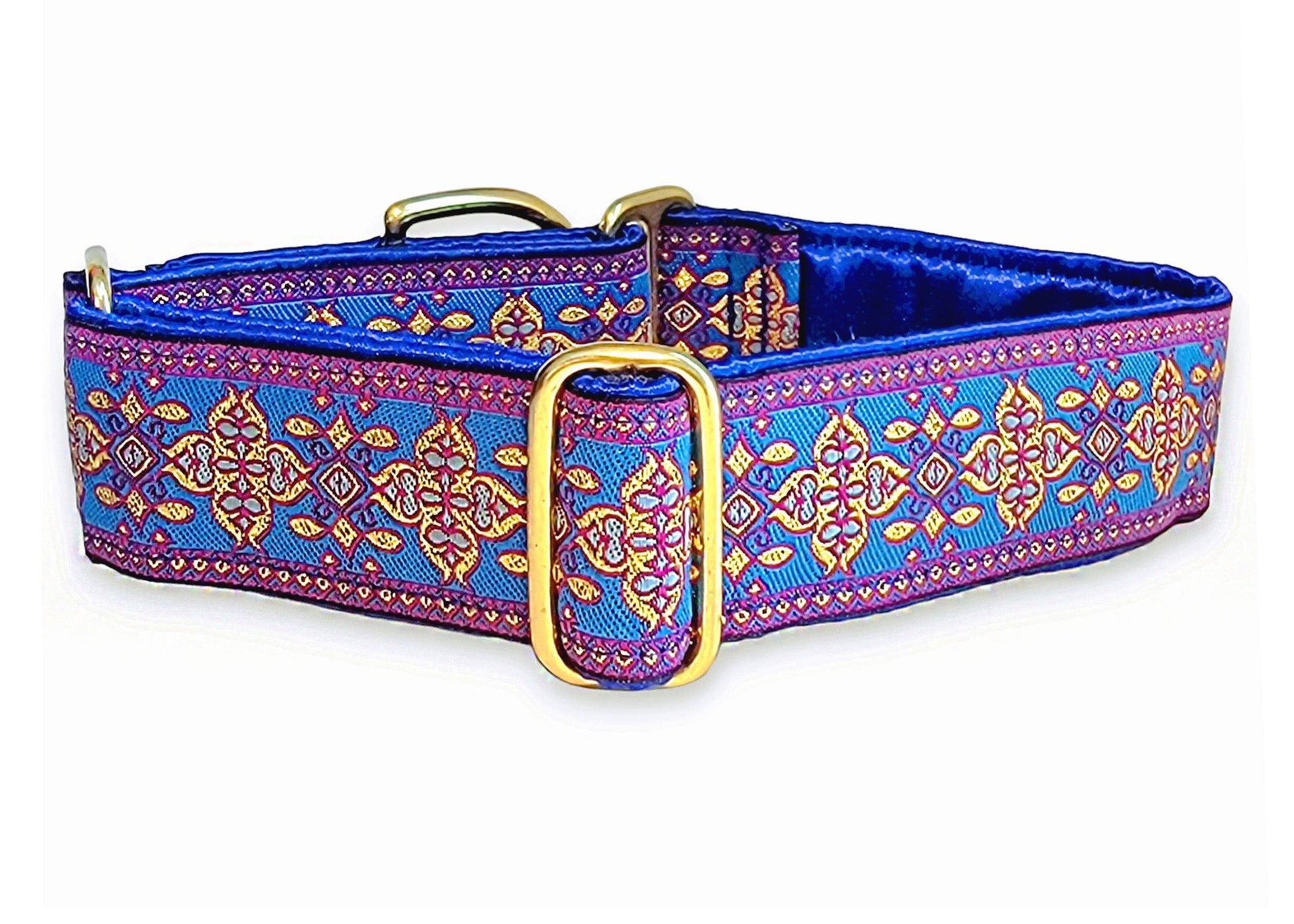 1.5 Inch Wide Blue, Pink, Gold Cashel Dog Collar by The Hound Haberdashery