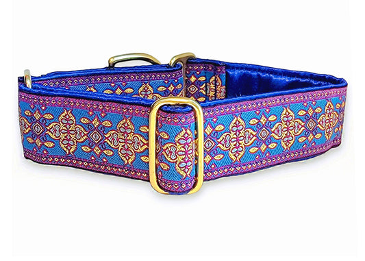 1.5 Inch Wide Blue, Pink, Gold Cashel Dog Collar by The Hound Haberdashery