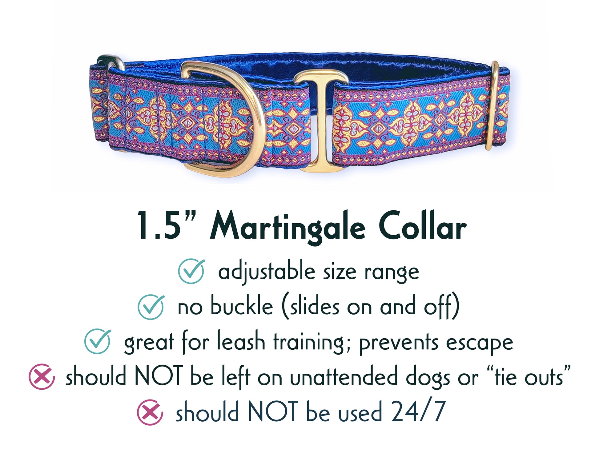 1.5 Inch Wide Blue, Pink, Gold Cashel Martingale Dog Collar by The Hound Haberdashery