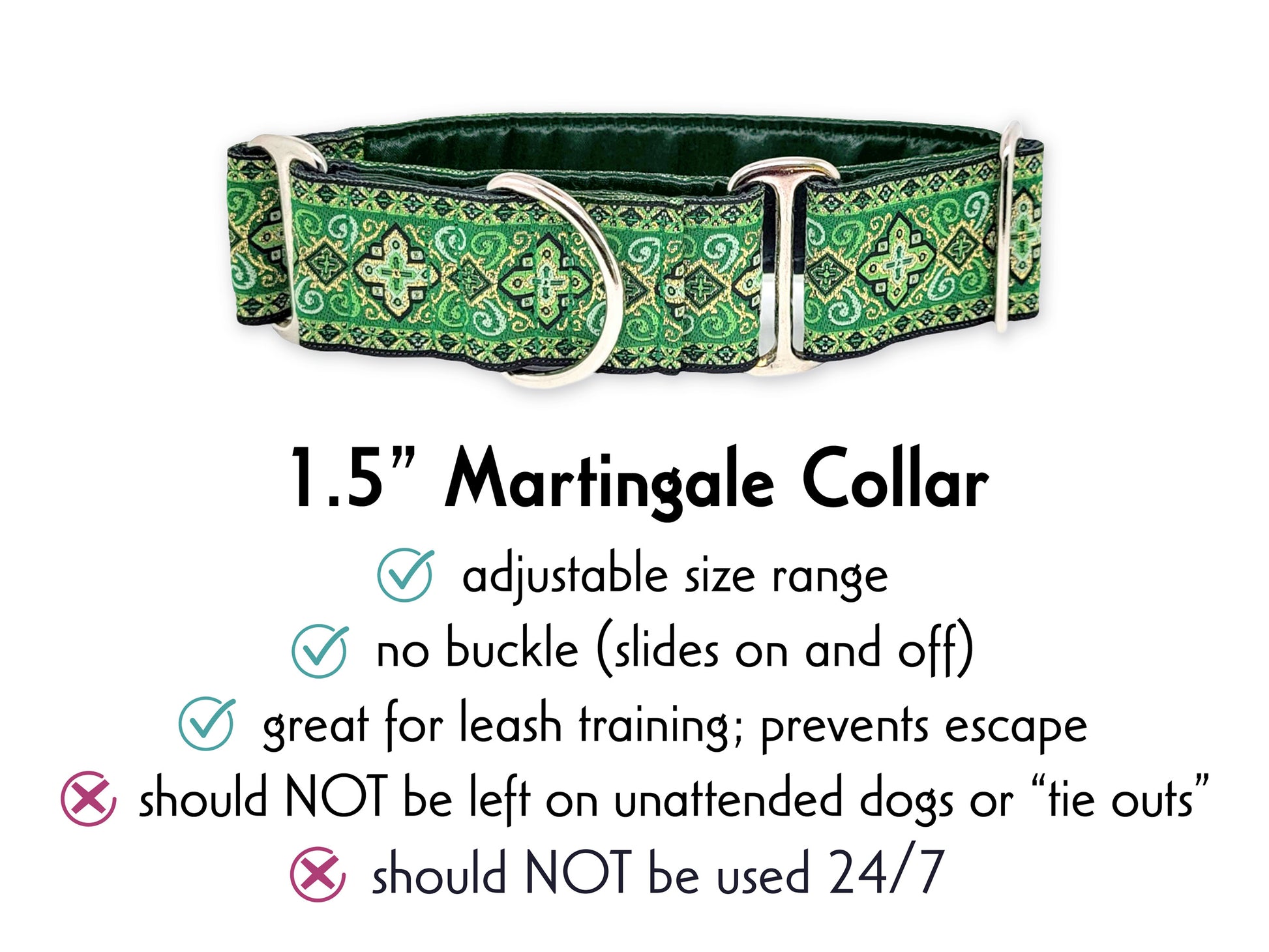 1.5 Inch Wide Green, Gold Nobility Martingale Dog Collar by The Hound Haberdashery