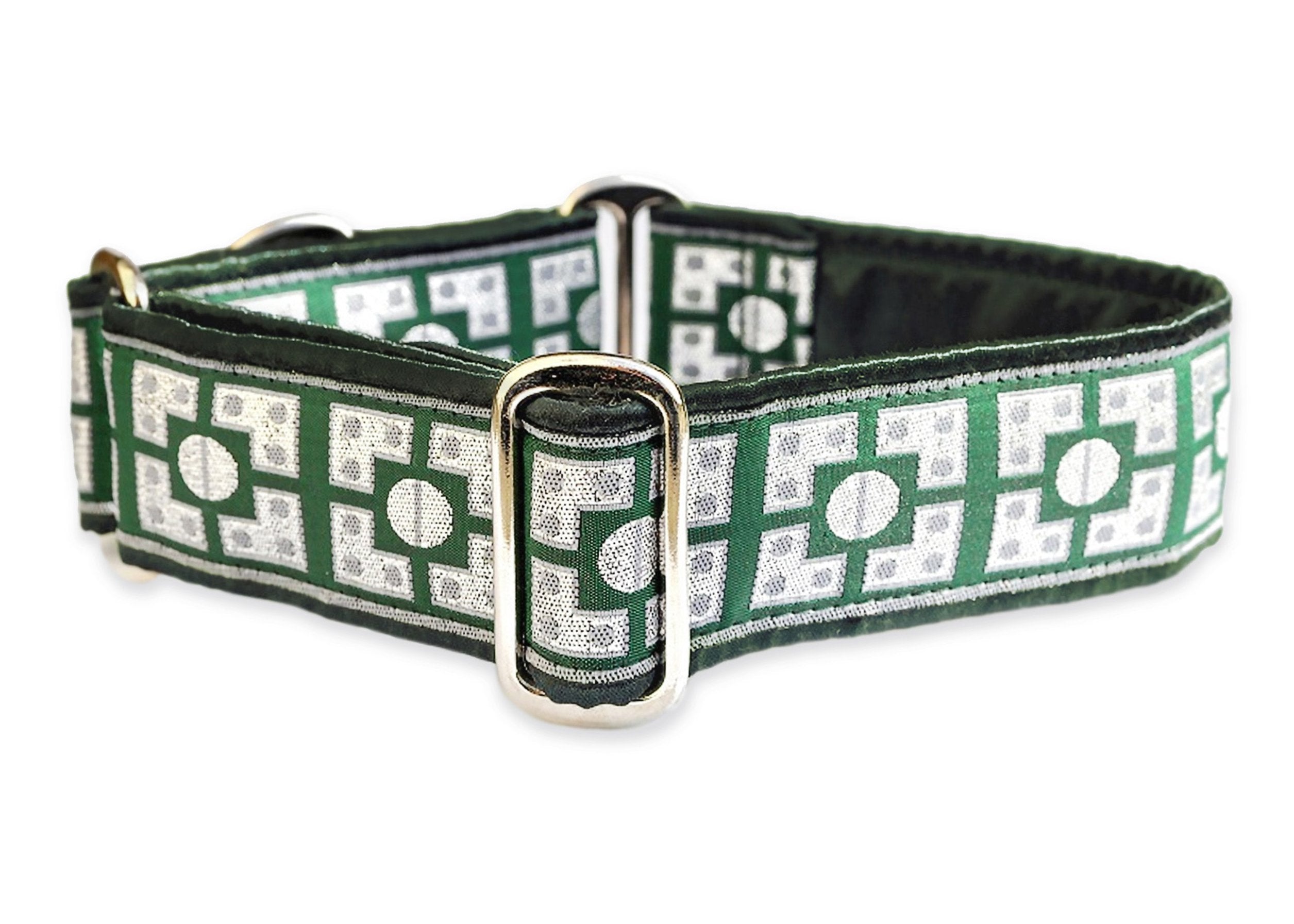 1.5 Inch Wide Green Silver Geometric Martingale Collar or Buckle Dog Collar The Hound Haberdashery