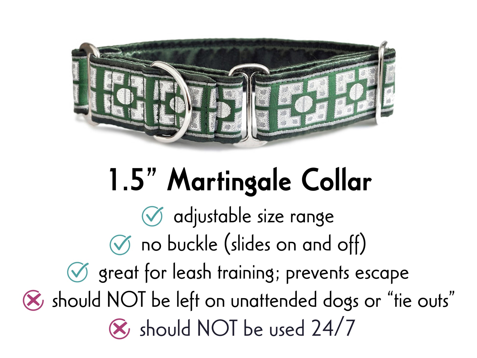 1.5 Inch Wide Green, Silver Riveted Martingale Dog Collar by The Hound Haberdashery