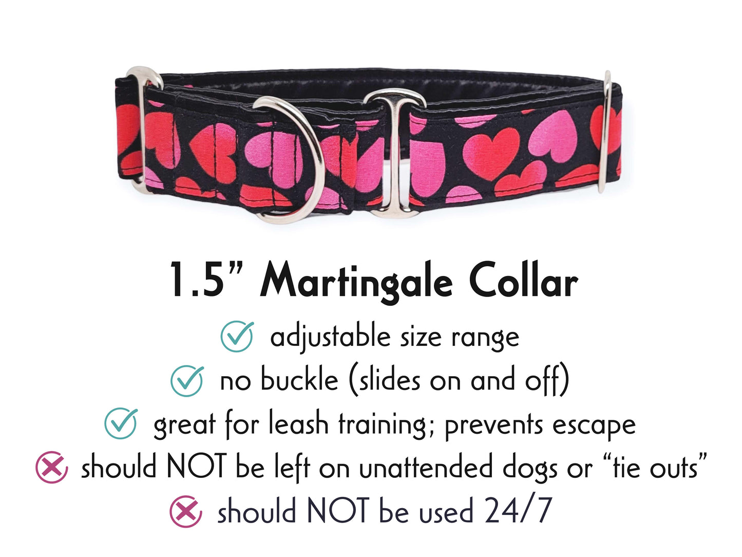 1.5 Inch Wide Pink, Black Valentines Hearts Martingale Dog Collar by The Hound Haberdashery