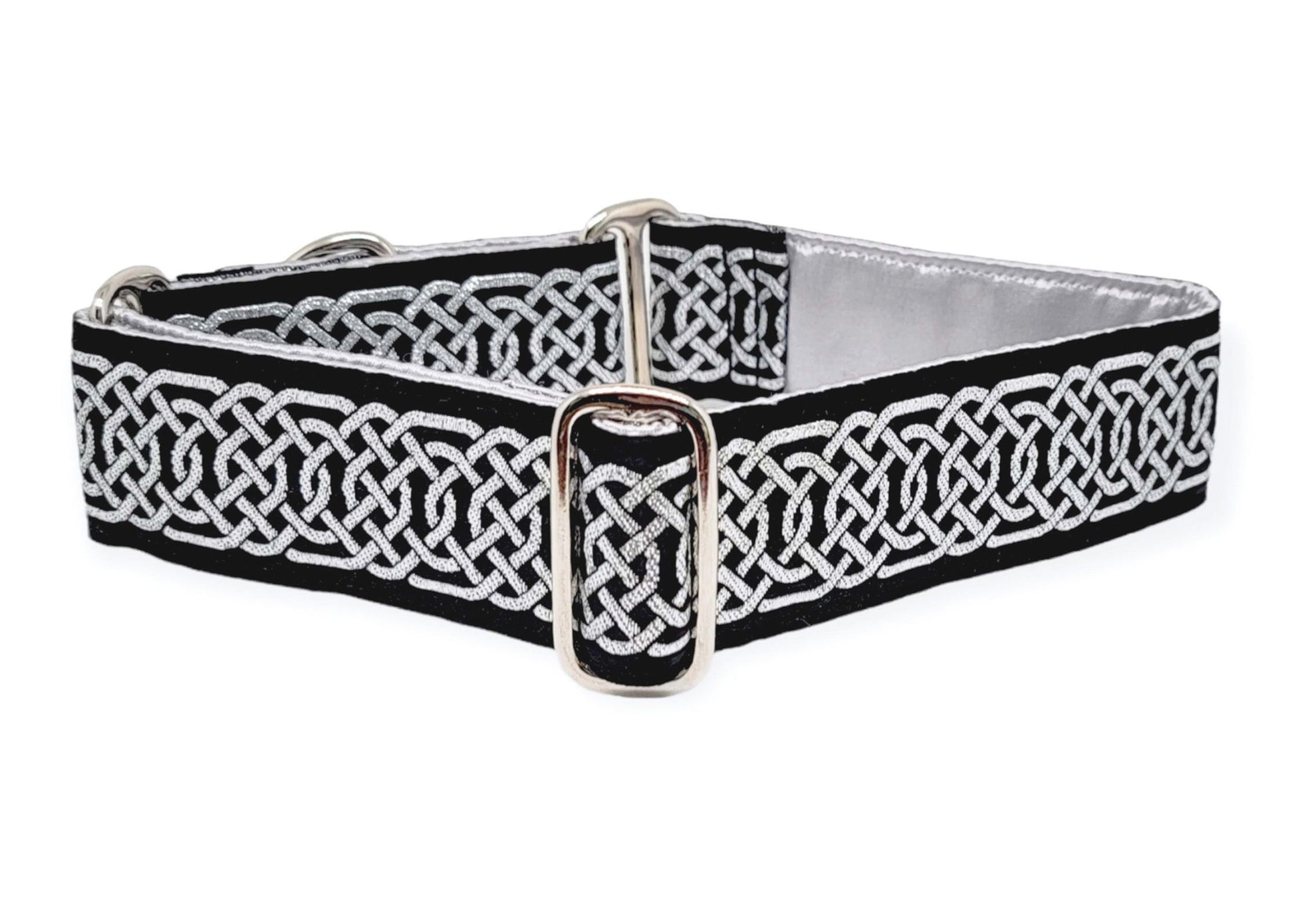 1.5 Inch Wide Black & Metallic Silver Wexford Celtic Braid Dog Collar by The Hound Haberdashery