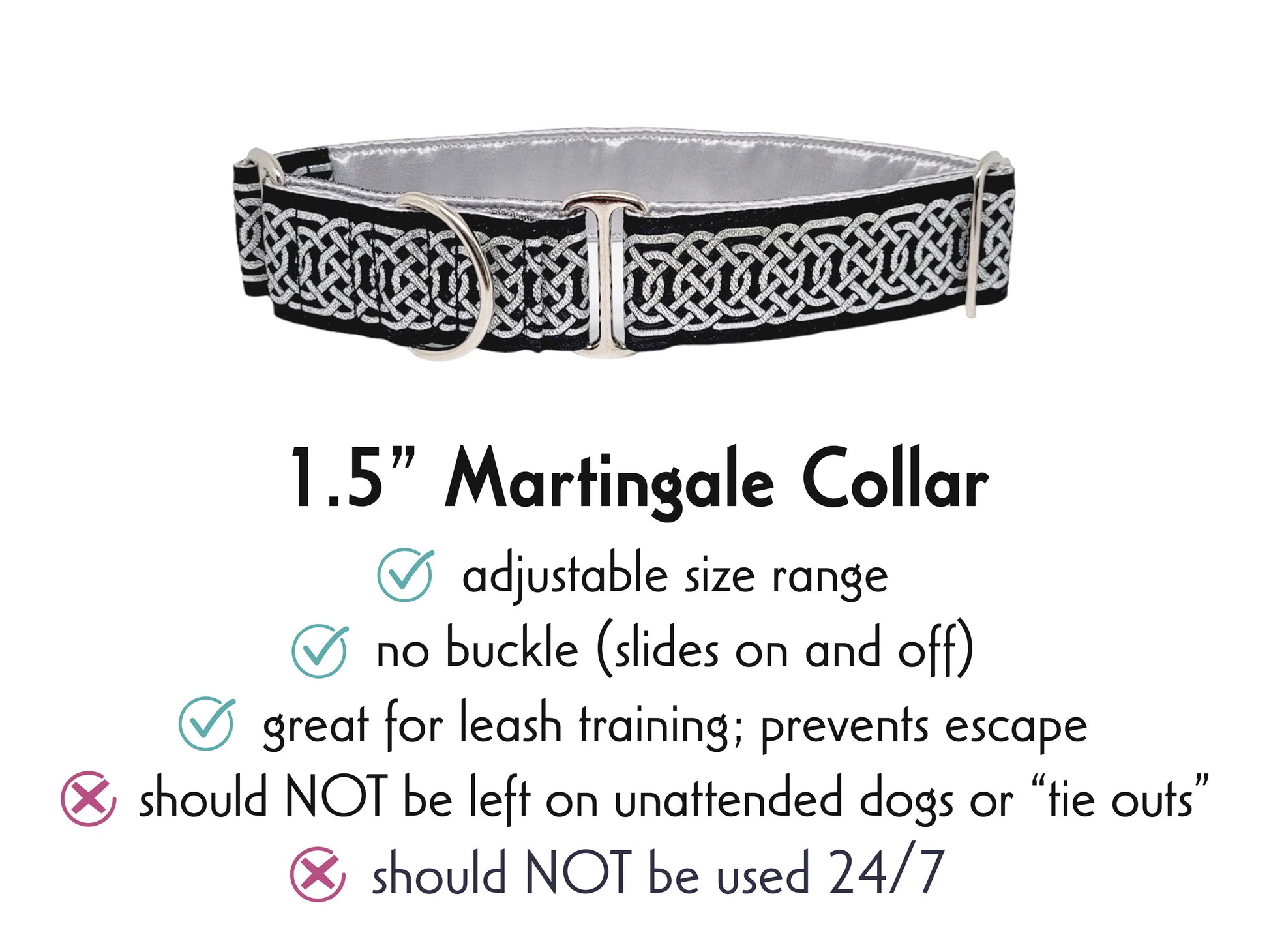 1.5 Inch Wide Black & Metallic Silver Wexford Celtic Braid Martingale Dog Collar by The Hound Haberdashery