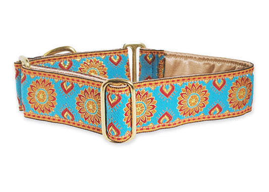 1.5 Inch Wide Turquoise, Orange Sunburst Dog Collar by The Hound Haberdashery