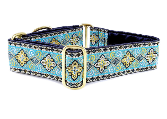 1.5 Inch Wide Light Blue, Gold Nobility Dog Collar by The Hound Haberdashery