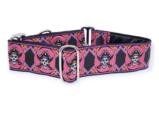 1.5 Inch Wide Pink Pirates Dog Collar by The Hound Haberdashery