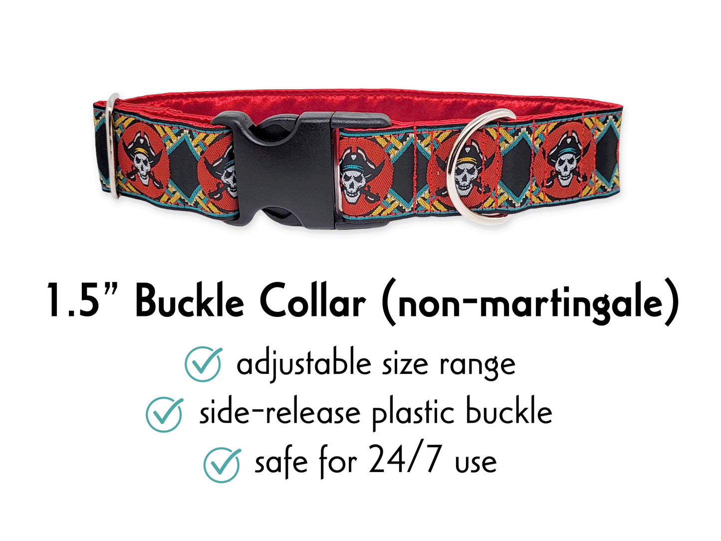 1.5 Inch Wide Red Pirates Buckle Dog Collar by The Hound Haberdashery