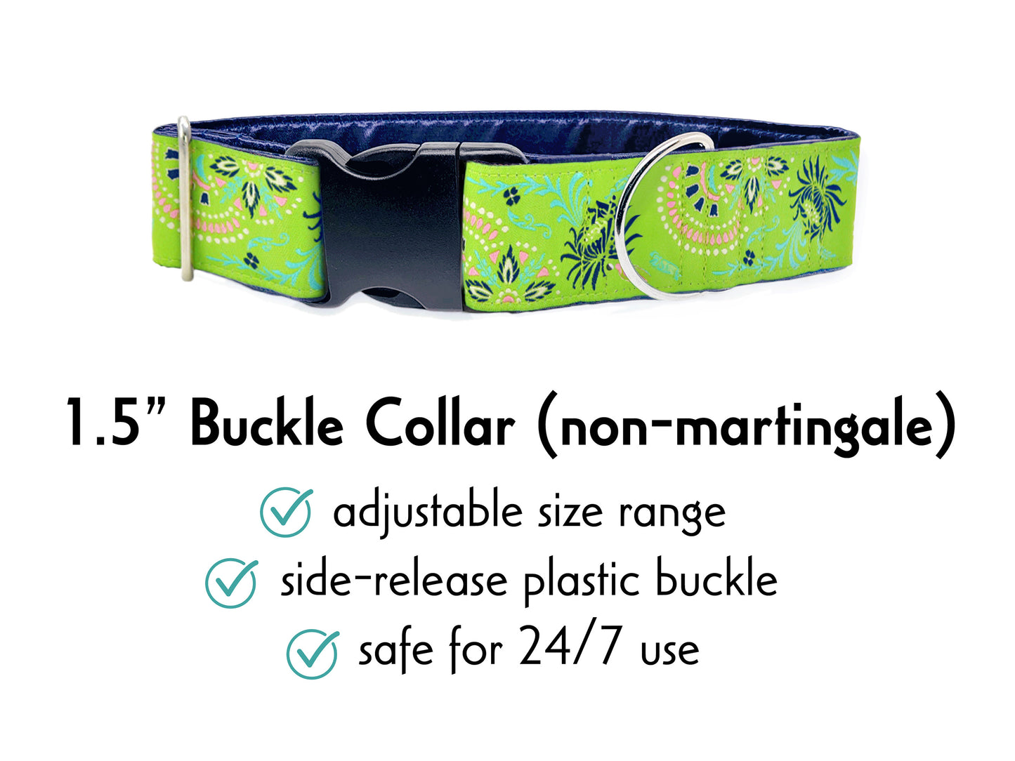 1.5 Inch Wide Lime Green Flower Burst Buckle Dog Collar by The Hound Haberdashery