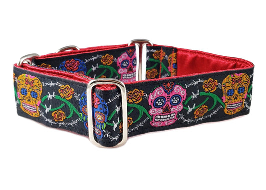 1.5 Inch Wide Sugar Skulls Dog Collar by The Hound Haberdashery