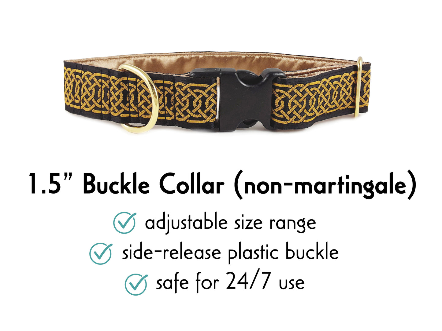 1.5 Inch Wide Black & Old Gold Wexford Celtic Braid Buckle Dog Collar by The Hound Haberdashery