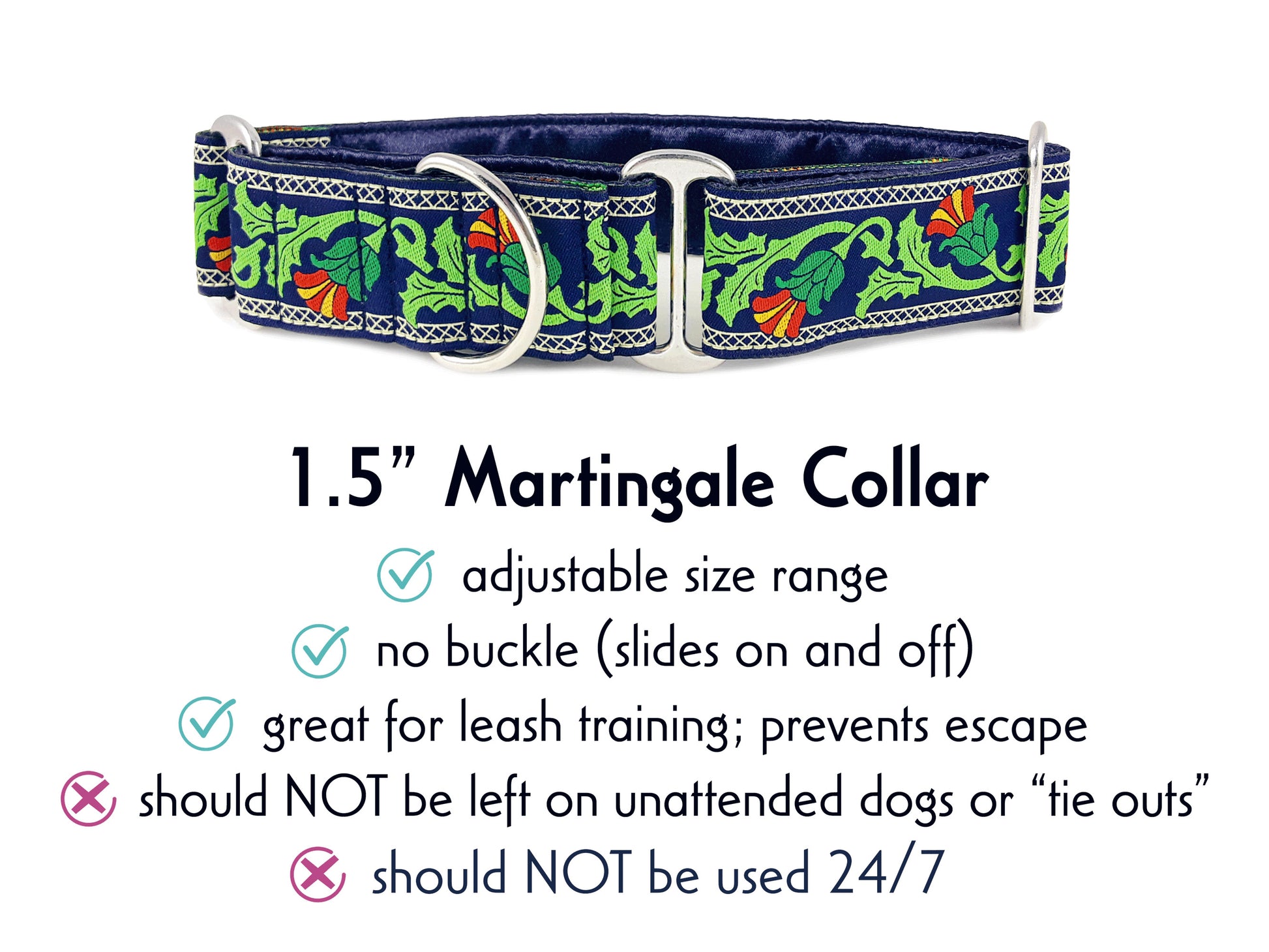 1.5 Inch Wide Navy Thistle Martingale Dog Collar by The Hound Haberdashery