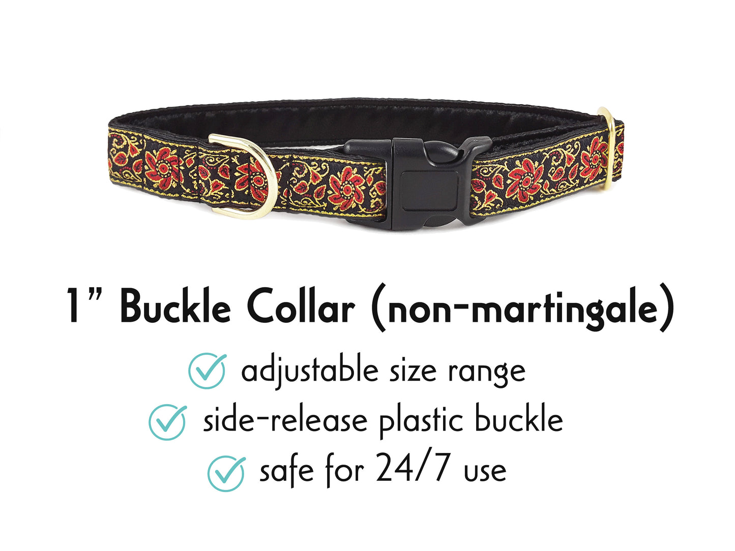 1 Inch Wide Black, Red, Gold Sevilla Buckle Dog Collar by The Hound Haberdashery