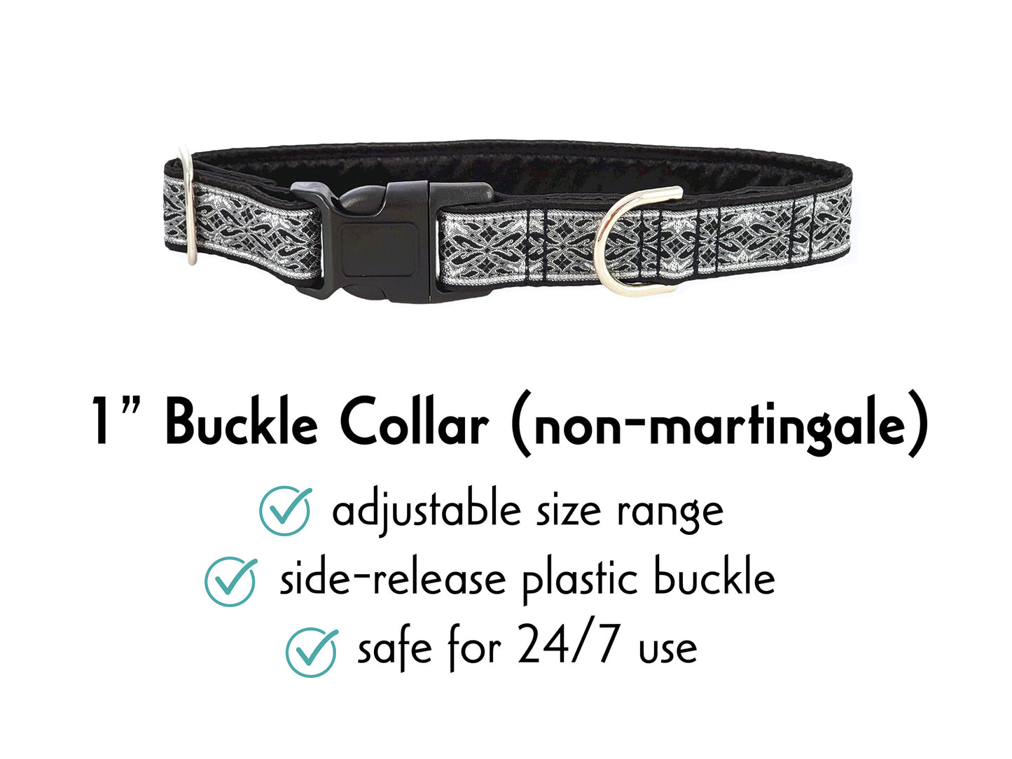 1 Inch Wide Black, Silver Clifden Buckle Dog Collar by The Hound Haberdashery