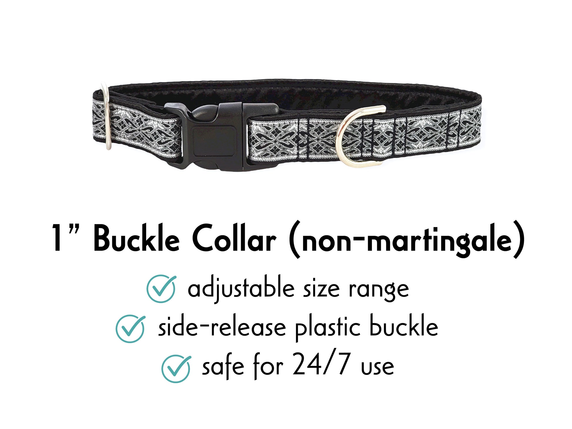 1 Inch Wide Black, Silver Clifden Buckle Dog Collar by The Hound Haberdashery