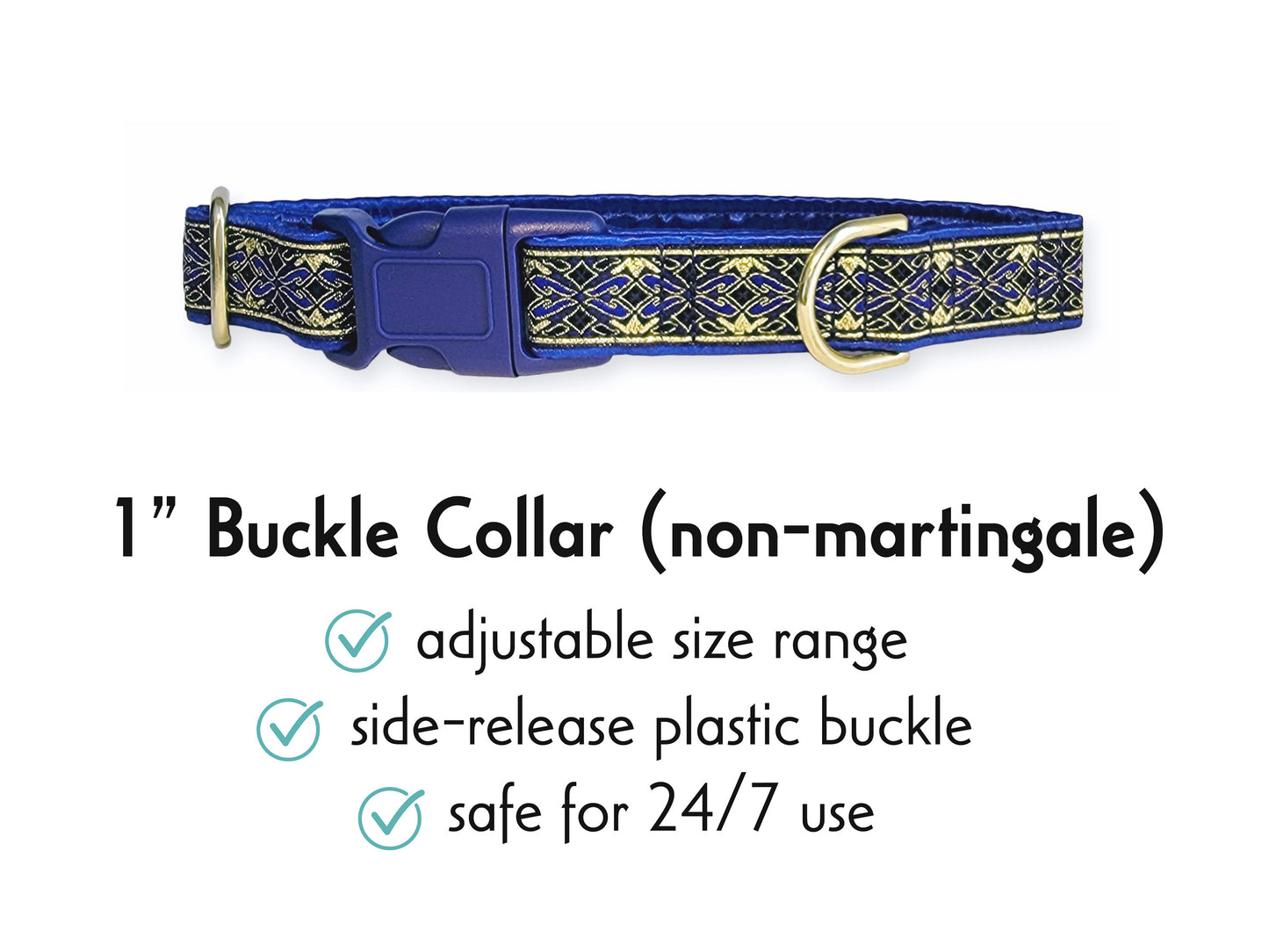 1 Inch Wide Blue, Gold Clifden Buckle Dog Collar by The Hound Haberdashery