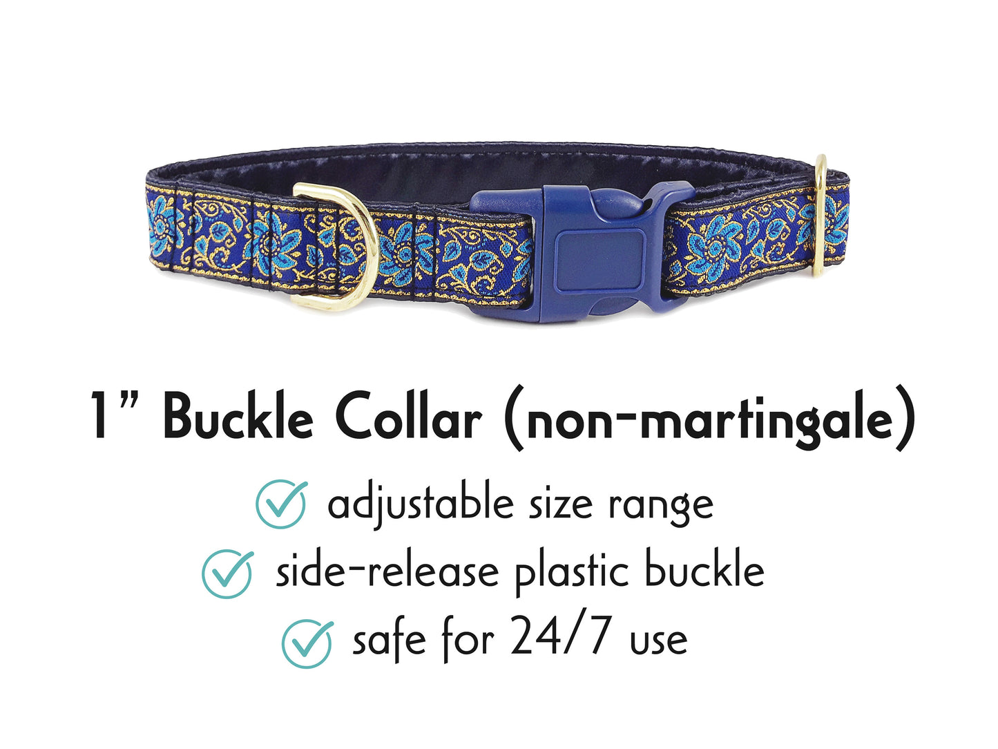 1 Inch Wide Blue, Gold Sevilla Buckle Dog Collar by The Hound Haberdashery