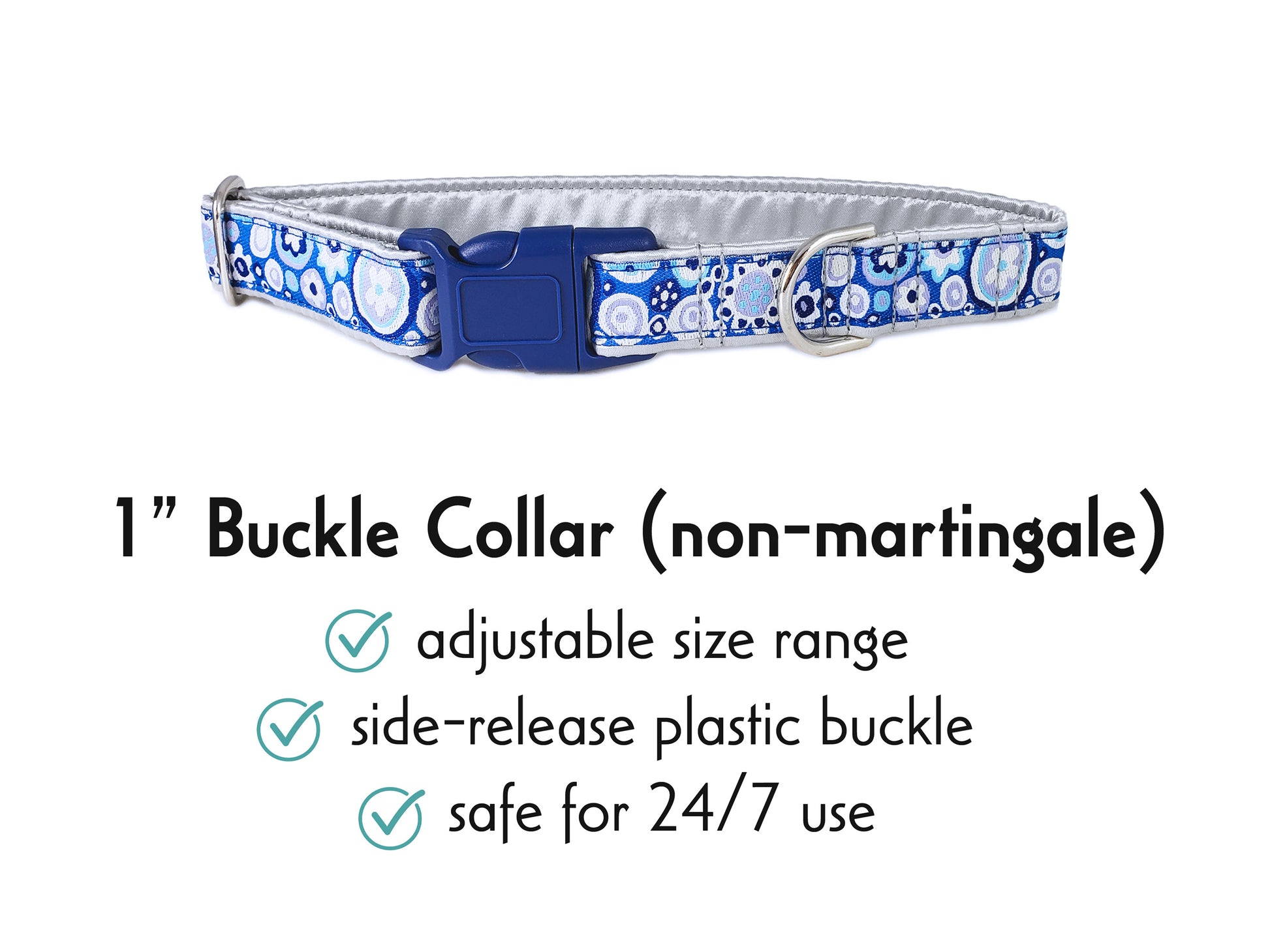 1 Inch Wide Silver, Blue La Paz Buckle Dog Collar by The Hound Haberdashery