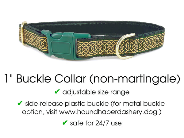 Wexford Jacquard in Green & Metallic Gold - Martingale Dog Collar or Buckle Dog Collar - 1" Width