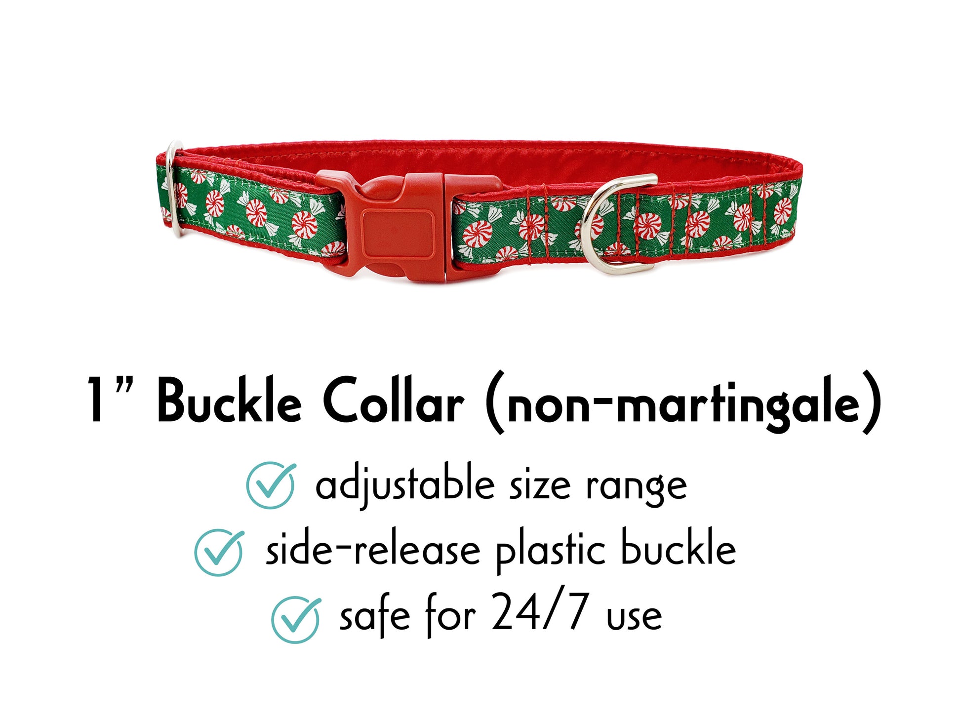 1 Inch Wide Christmas Peppermints Buckle Dog Collar by The Hound Haberdashery