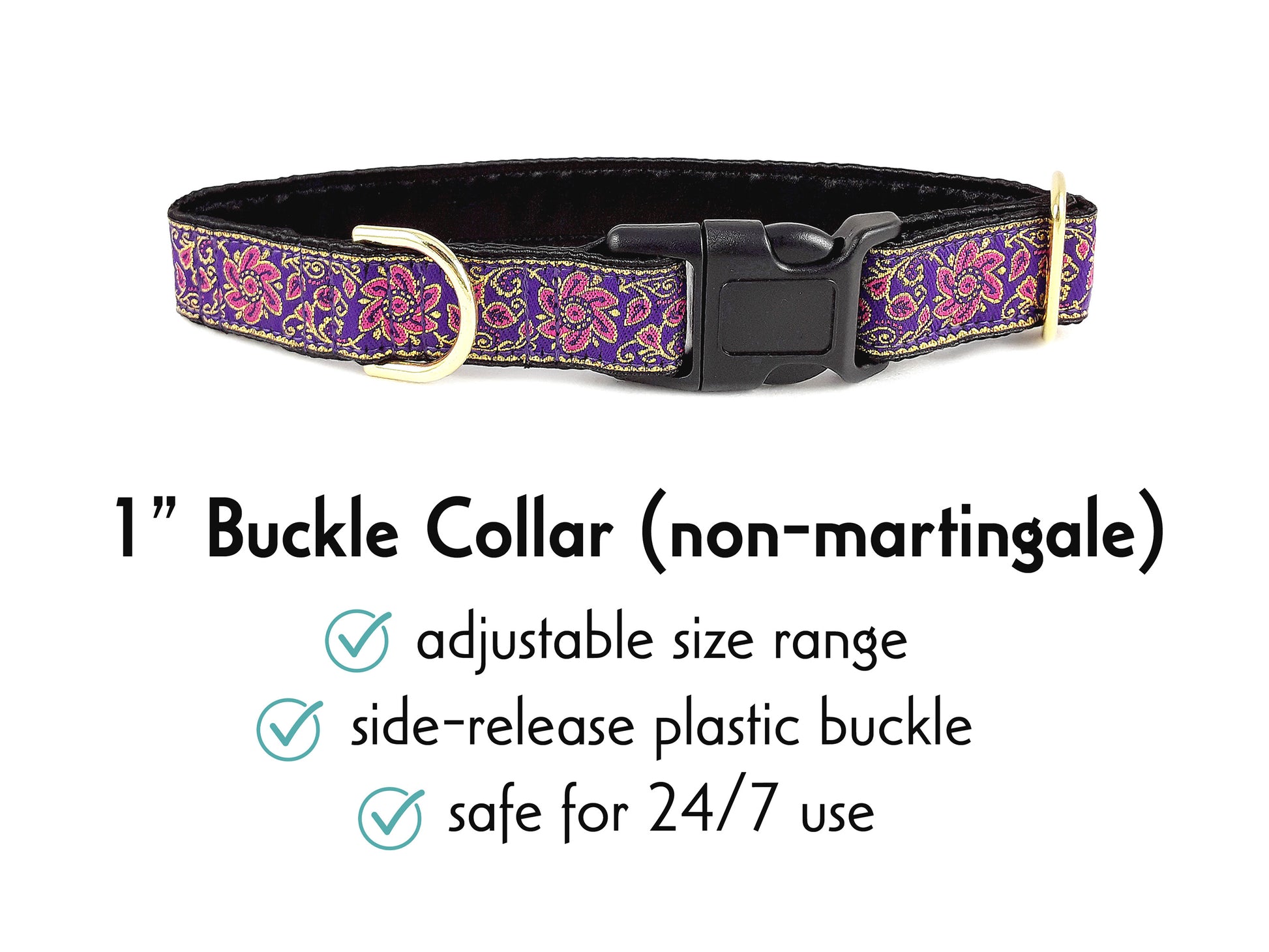 1 Inch Wide Purple, Pink, Gold Sevilla Buckle Dog Collar by The Hound Haberdashery