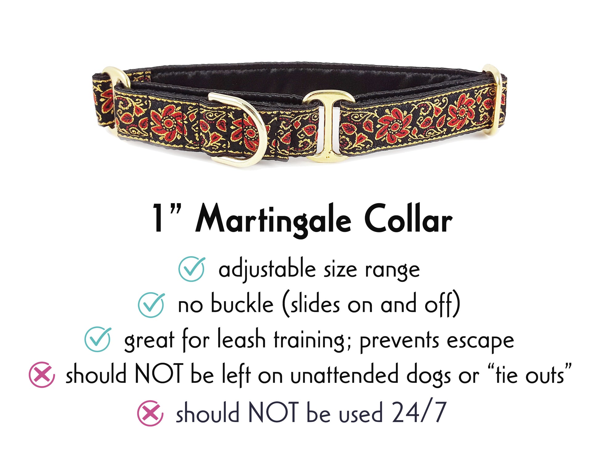 1 Inch Wide Black, Red, Gold Sevilla Martingale Dog Collar by The Hound Haberdashery