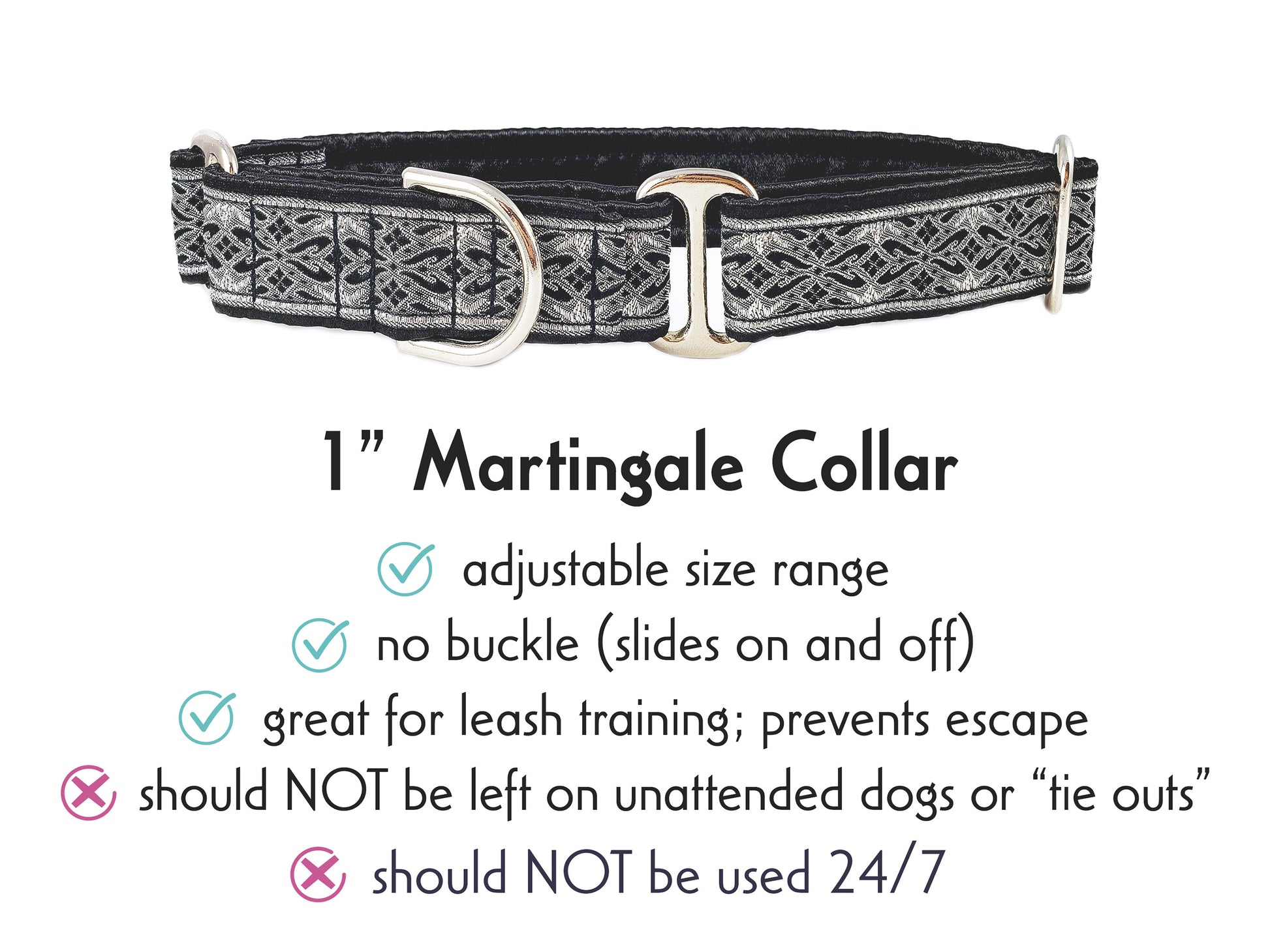 1 Inch Wide Black, Silver Clifden Martingale Dog Collar by The Hound Haberdashery