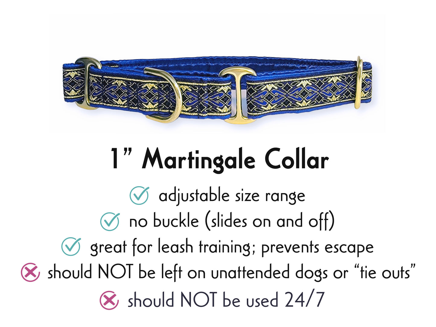 1 Inch Wide Blue, Gold Clifden Martingale Dog Collar by The Hound Haberdashery