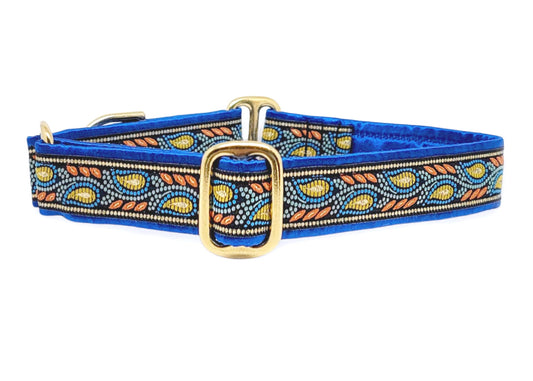 1 Inch Wide Blue, Orange Paisley Vines Dog Collar by The Hound Haberdashery