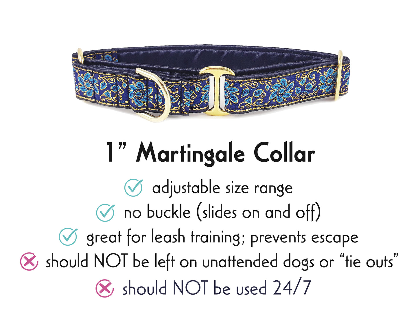 1 Inch Wide Blue, Gold Sevilla Martingale Dog Collar by The Hound Haberdashery