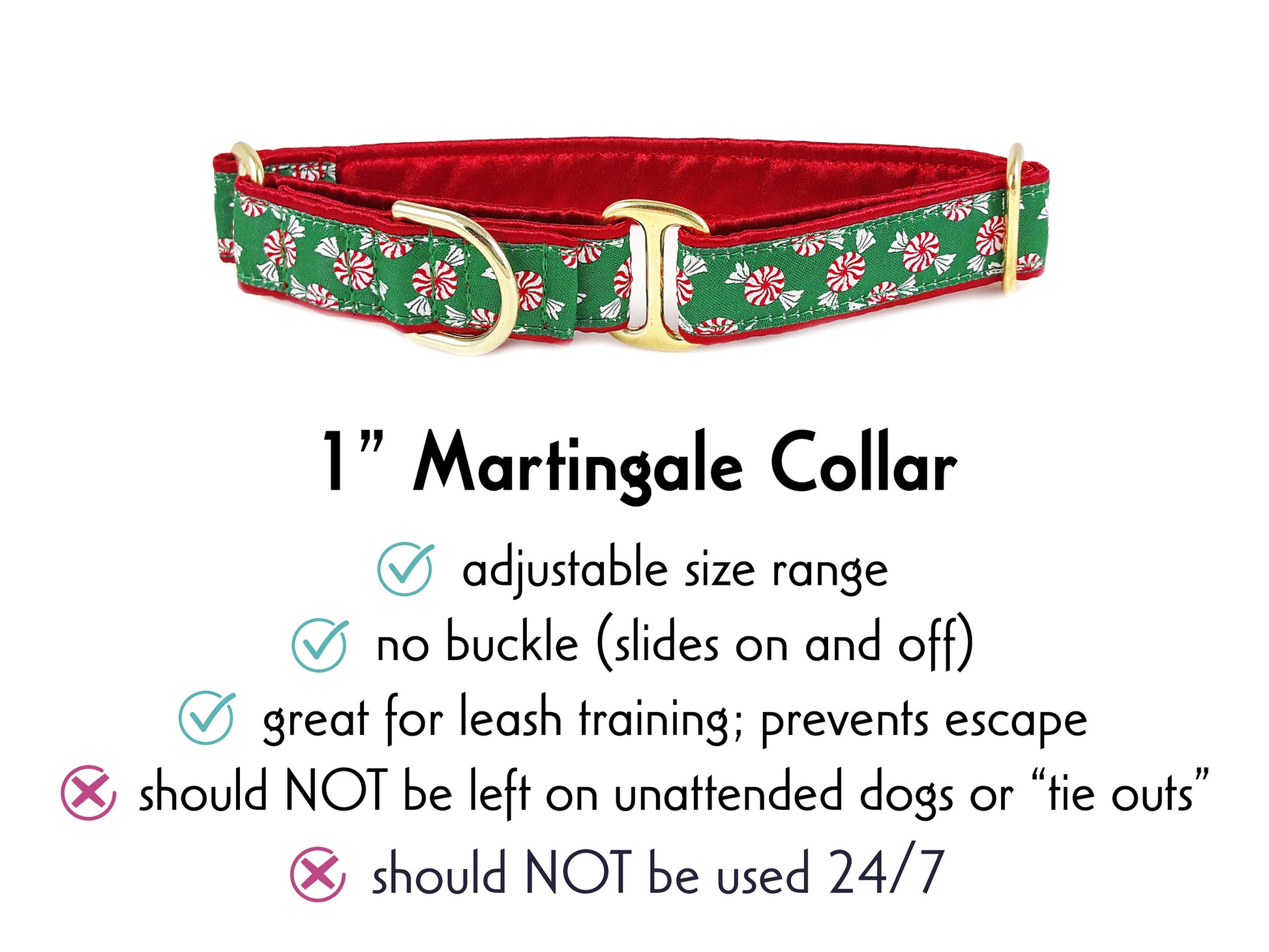 1 Inch Wide Christmas Peppermints Martingale Dog Collar by The Hound Haberdashery