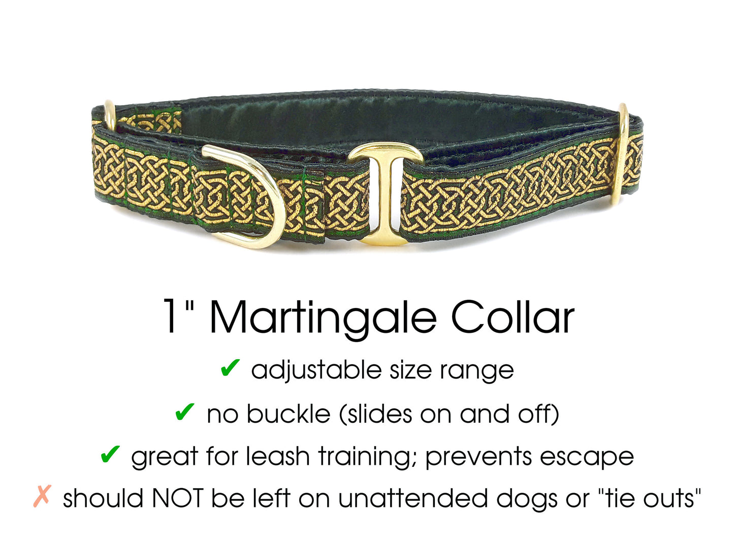 Wexford Jacquard in Green & Metallic Gold - Martingale Dog Collar or Buckle Dog Collar - 1" Width