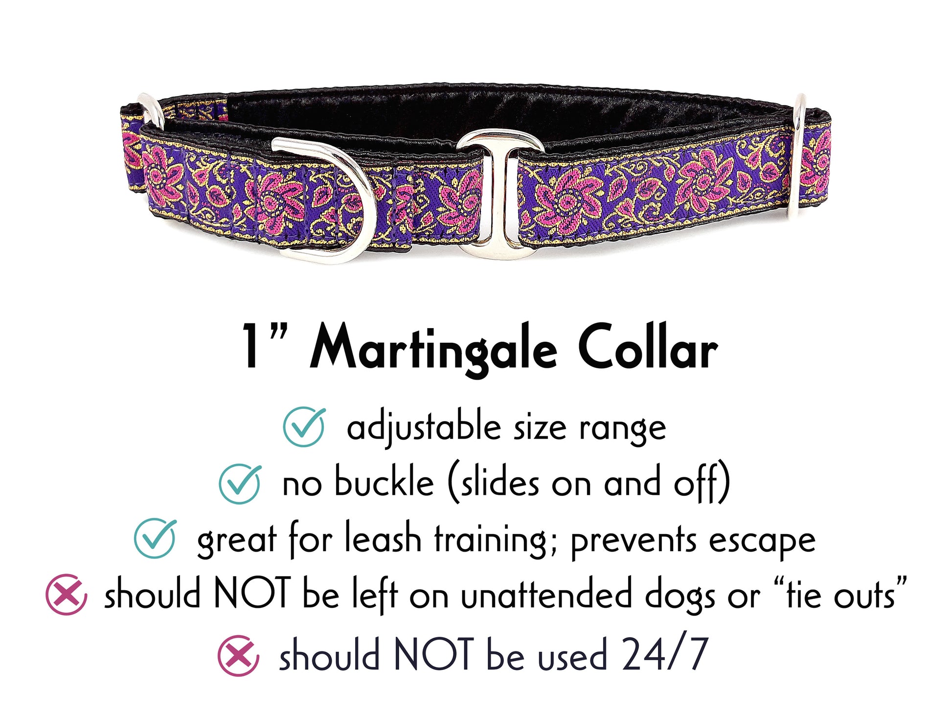 1 Inch Wide Purple, Pink, Gold Sevilla Martingale Dog Collar by The Hound Haberdashery