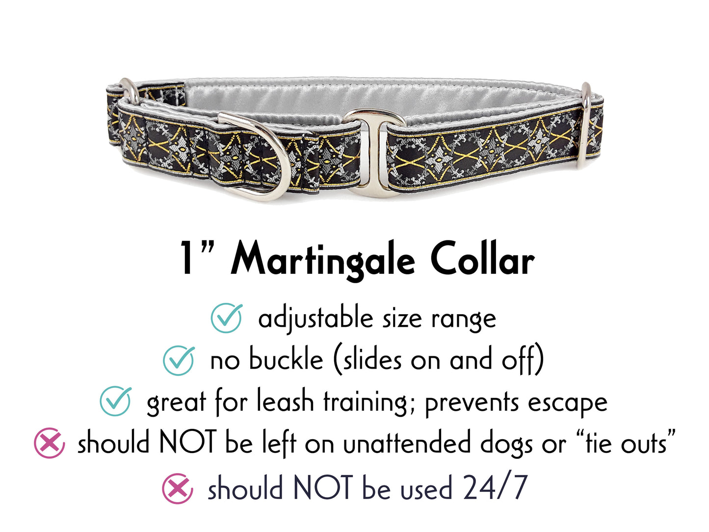 1 Inch Wide Gray, Gold Exeter Martingale Dog Collar by The Hound Haberdashery