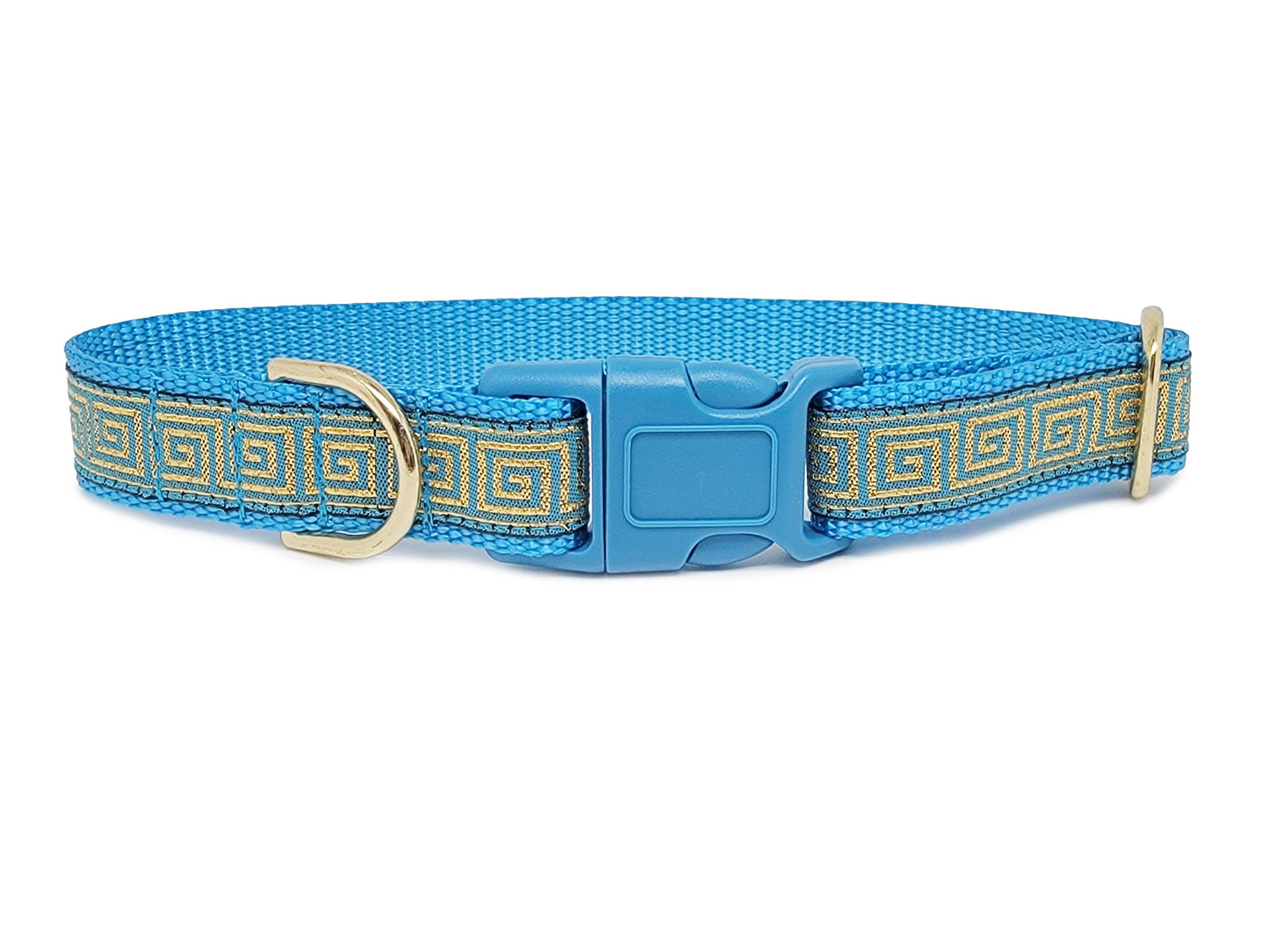 1 Inch Wide Turquoise, Gold Greek Key Dog Tag Collar with buckle, by The Hound Haberdashery