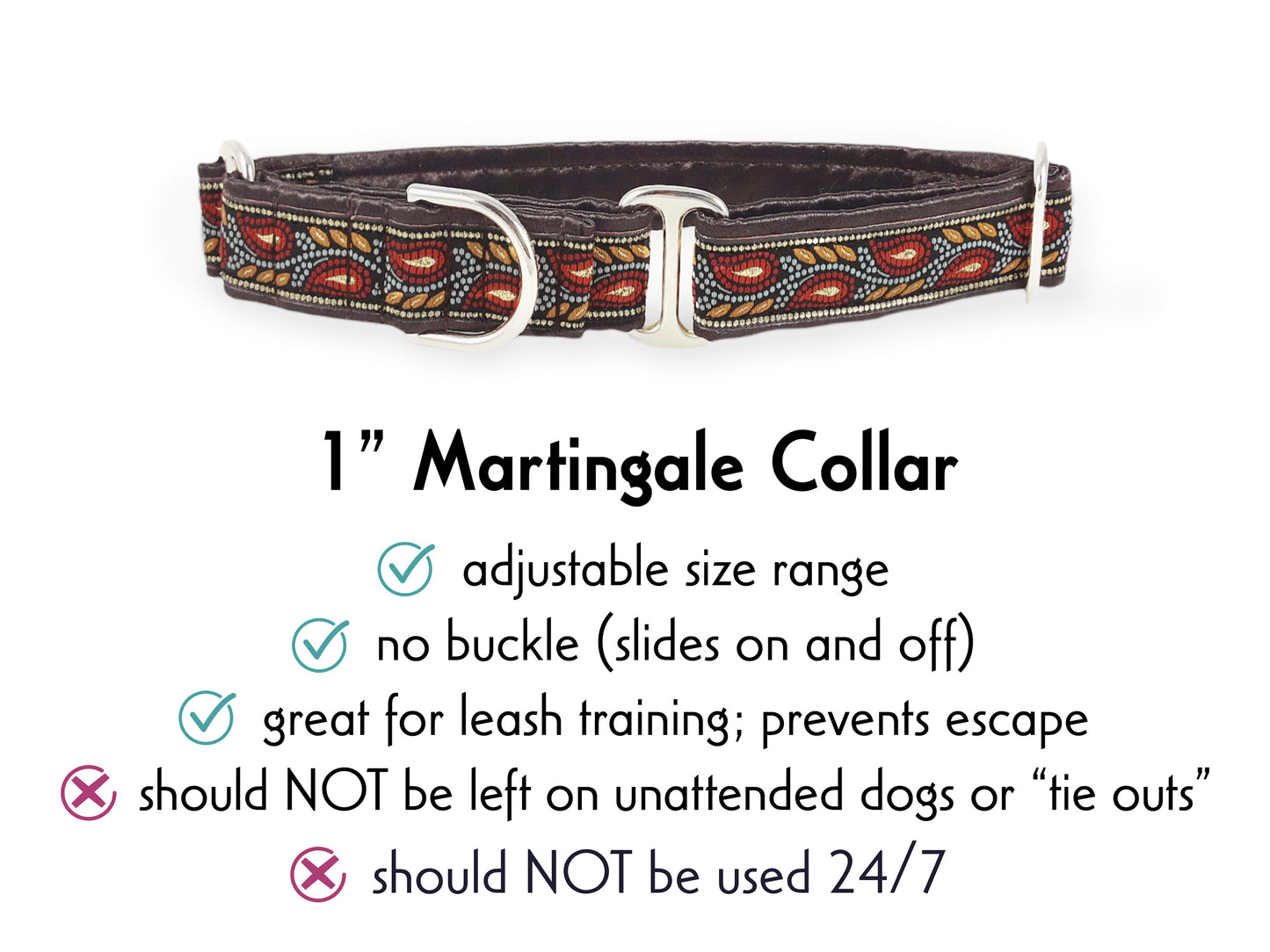 1 Inch Wide Brown, Coral Paisley Vines Martingale Dog Collar by The Hound Haberdashery