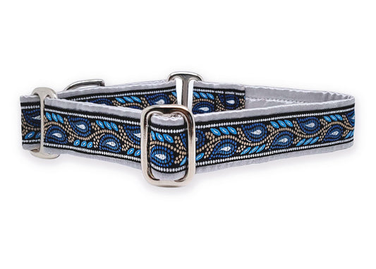 1 Inch Wide Silver, Blue Paisley Vines Dog Collar by The Hound Haberdashery